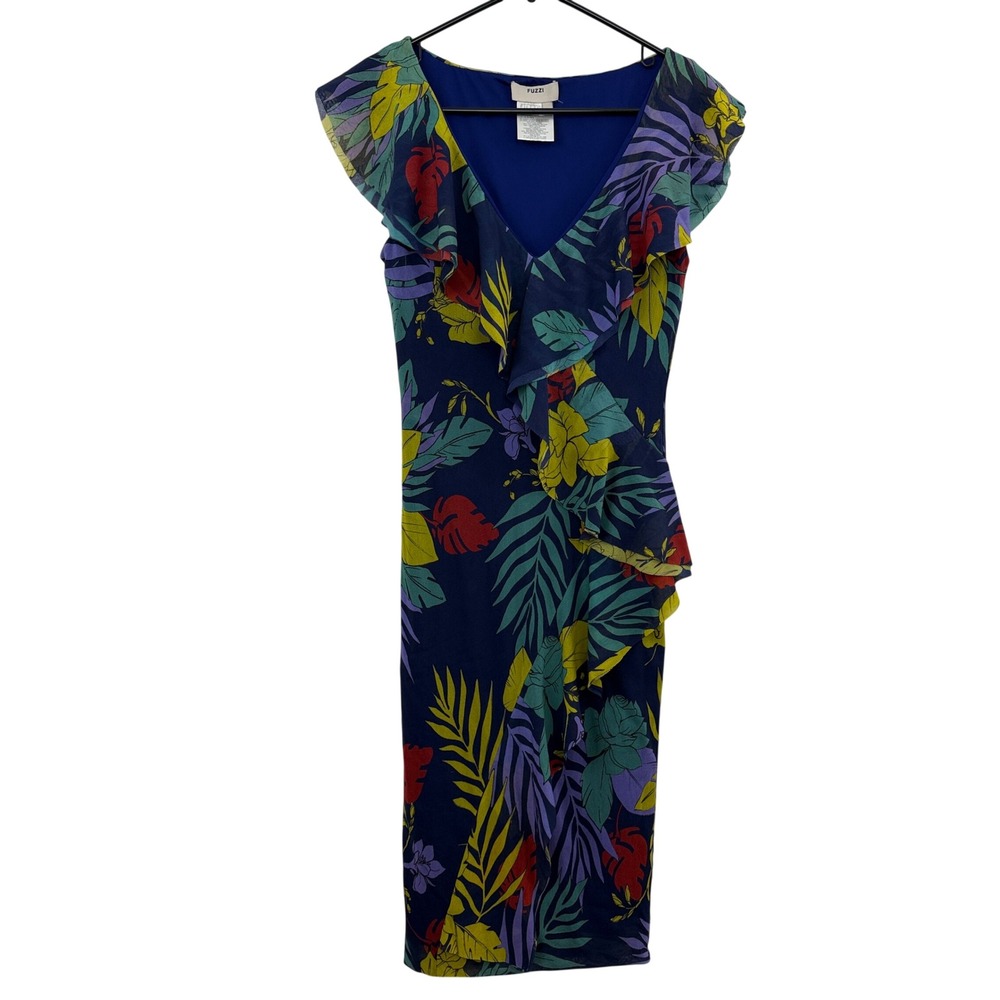 FUZZI Dress Womens XL Blue Tropical Floral Print Ruffle V Neck Sheath Gaultier